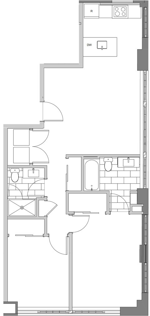 Floor plan for 2 beds, 2 baths, 947 sqft